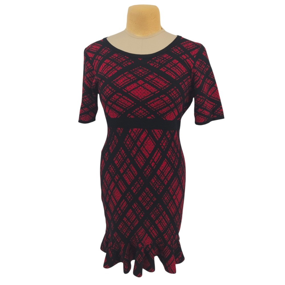 Nina Leonard Sheath Dress Women L Red Black Knit Geometric Ruffle Stretch Party